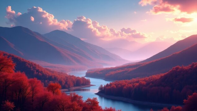 Autumnal mountain valley with a serene river. - Powered by Adobe