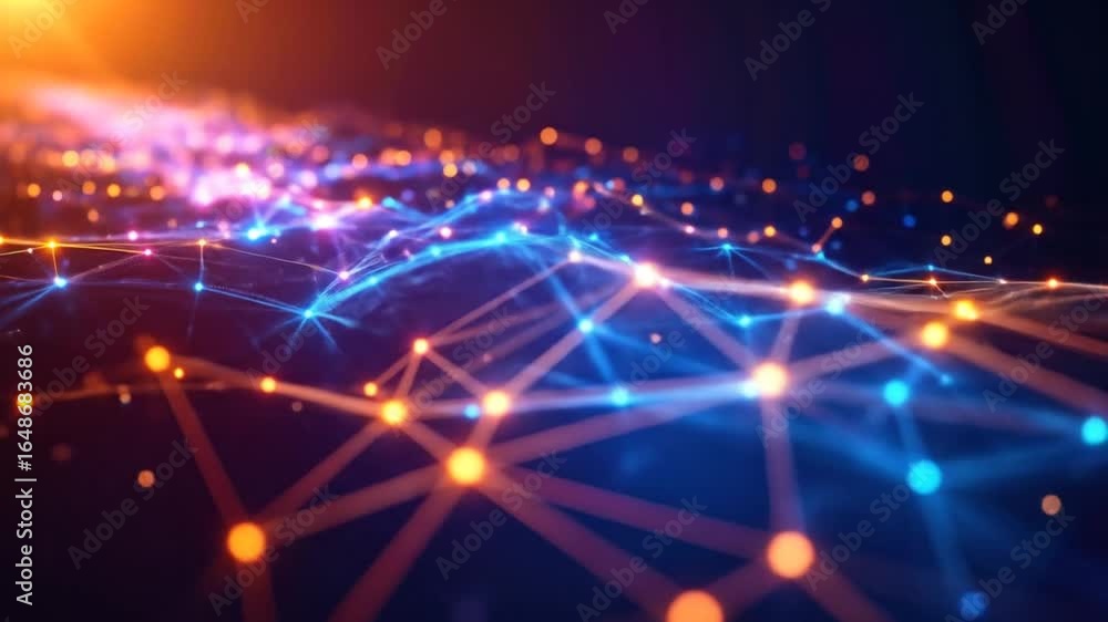 Poster abstract network connection background with blue and orange glowing dots and lines futuristic cyber 