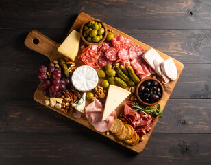 Top-down view of a gourmet charcuterie board with an assortment of cured meats, artisan cheeses, pickles, and olives on a dark wood background.