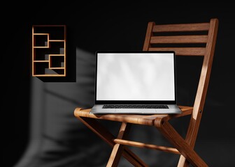Laptop Mockup Template Notebook With Blank Screen Realistic 3D Rendering On Chair Wooden Home Working Office