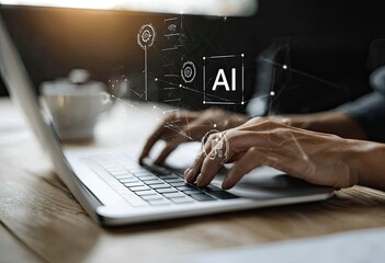 Close-up of hands typing on laptop, AI overlay