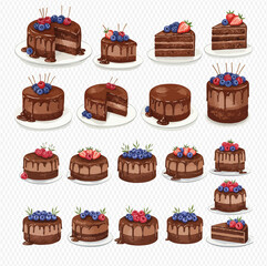 A collection of delicious chocolate cakes decorated with fresh berries, presented in various slices and whole forms.