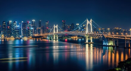 Fototapeta premium Dalian, China at Night: Scenic View of the Xinghai Bay Bridge and Illuminated City Skyline
