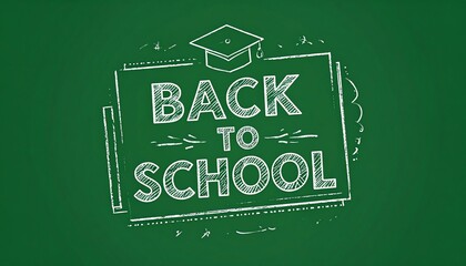 Back to school chalkboard drawing features graduation cap, white chalk text, and green background for academic or educational promotions.