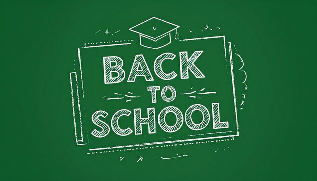 Back to school chalkboard drawing features graduation cap, white chalk text, and green background for academic or educational promotions.