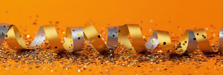 Close-Up of Shimmering Gold and Silver Ribbons with Colorful Confetti on Vibrant Orange Backdrop for Halloween and Celebration Themes