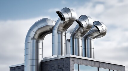 Modern building exterior with stainless steel flue chimneys and a curved metal exhaust pipe, symbolizing innovation in architecture.