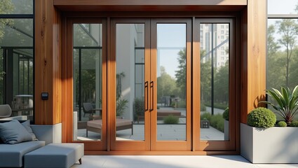 Wooden double doors with glass panels lead to a patio area.