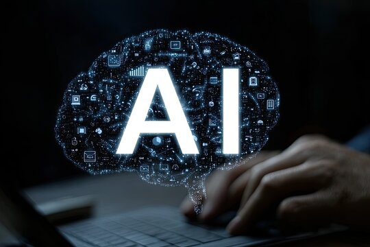 AI brain graphic over a person's hands on a keyboard - Powered by Adobe