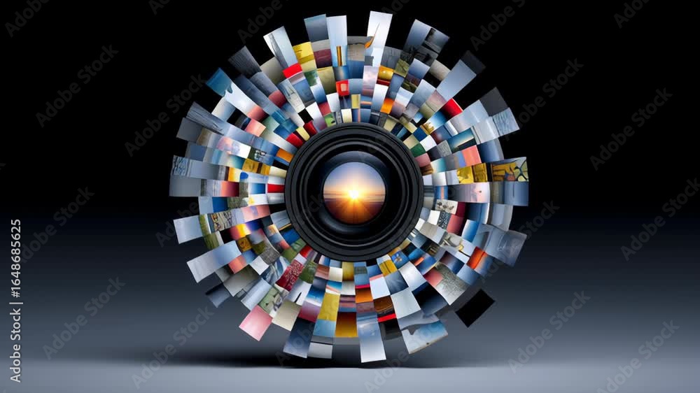 Poster dynamic visual sequence showcasing a circular arrangement of vibrant photographs radiating from a ce