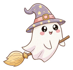 Flying Kawaii Ghost on Broom – Cute Witch Halloween Clipart