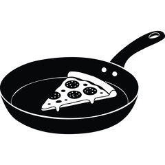 A black and white illustration of a pizza slice in a frying pan with a handle on a white background silhouette