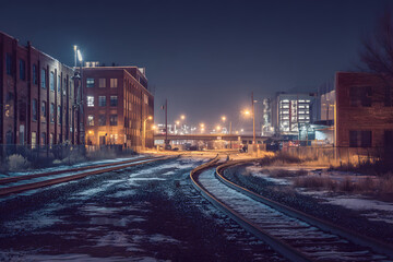 Industrial urban street city night scene with vintage factory warehouses and train tracks