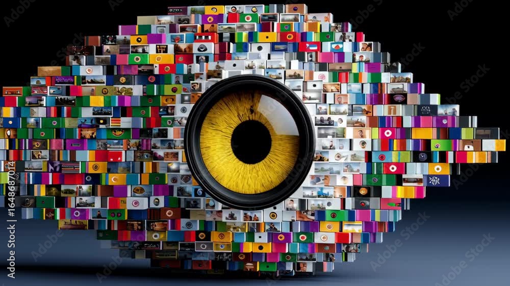 Poster eye composed of vibrant mosaic of images and flags, showcasing a dynamic visual representation of di