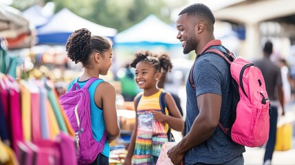 A father and two daughters at an outdoor market with backpacks and shopping bags smiling at each other