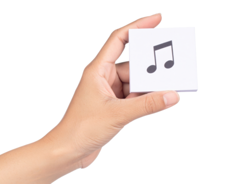 A hand holds a white card displaying two black musical eighth notes signifying music and melody isolated on transparent background. PNG die-cut for advertising