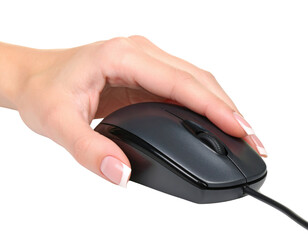 Woman'S Hand Holding A Wired Computer Mouse Close Up View On A isolated on transparent background. PNG die-cut for advertising