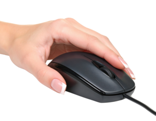 Woman'S Hand Holding A Wired Computer Mouse Close Up View On A isolated on transparent background. PNG die-cut for advertising