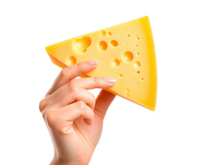 A Woman'S Hand Holds A Wedge Of Swiss Cheese With Visible Holes isolated on transparent background. PNG die-cut for advertising