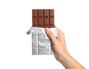 Hand Holding A Milk Chocolate Bar Partially Unwrapped From Silver Foil Packaging isolated on transparent background. PNG die-cut for advertising