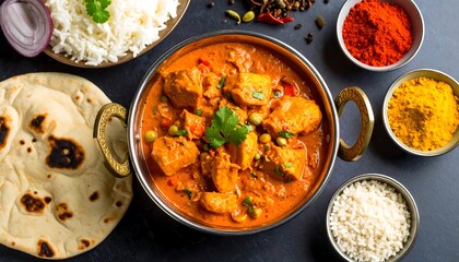 Indian butter chicken with naan and rice, rich curry texture, top-down view, spices and authentic presentation.