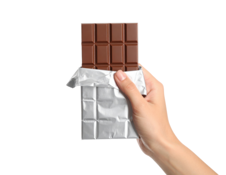 Hand Holding A Milk Chocolate Bar Partially Unwrapped From Silver Foil Packaging isolated on transparent background. PNG die-cut for advertising