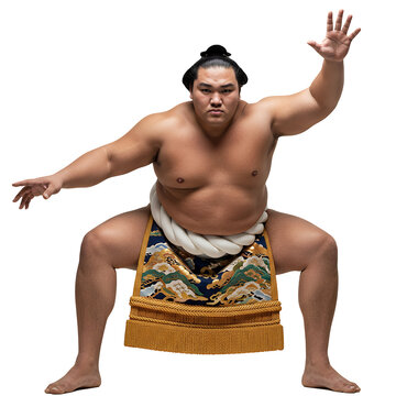 sumo wrestler in shiko stance, traditional attire, isolated background