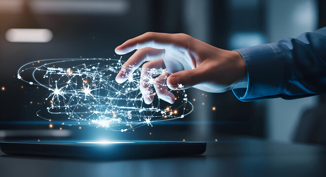 A hand manipulates a holographic model of a complex algorithm