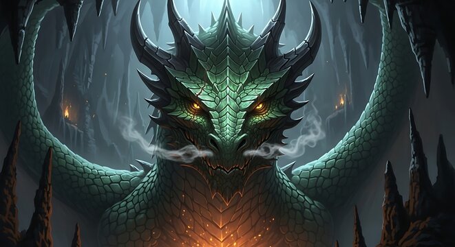 Majestic emerald dragon with glowing eyes watches from a dark cavern lair - Powered by Adobe