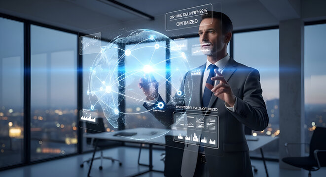 A professional views a holographic display of supply chain management