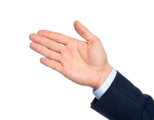 Man'S Open Palm Extended From A Navy Blue Suit Jacket Showing Fingers Slightly Curled isolated on transparent background. PNG die-cut for advertising