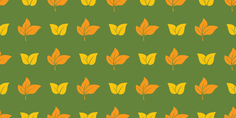 Falling leaves on green background. Foliage autumn seamless pattern. Botanical seasonal print for wrapping paper, fabric and wallpaper. Vector graphics