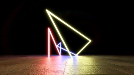  abstract neon light sculptures in a dark space. 
