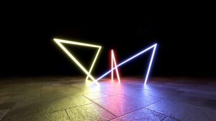  abstract neon light sculptures in a dark space. 