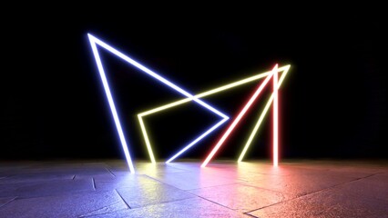  abstract neon light sculptures in a dark space. 