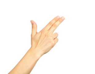 Human hand forming a gun gesture with index and middle fingers extended and thumb pressed against palm isolated on transparent background. PNG die-cut for advertising