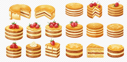 Collection of layered cakes, whole, sliced, and decorated with strawberries and cherries.