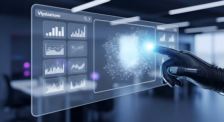 A hand selects a data visualization from a floating digital menu