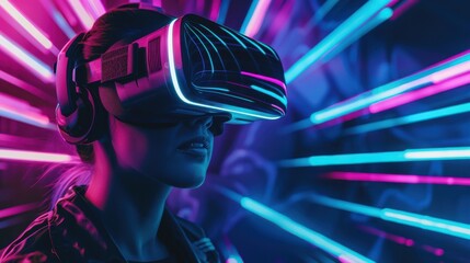 Woman wearing VR headset with neon lights for virtual experience