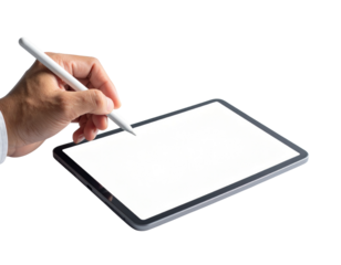 Human hand holding a digital stylus interacting with a blank tablet screen isolated on transparent background. PNG die-cut for advertising