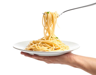 A Fork Lifts A Portion Of Spaghetti From A White Plate Held By A Person'S Hand isolated on transparent background. PNG die-cut for advertising