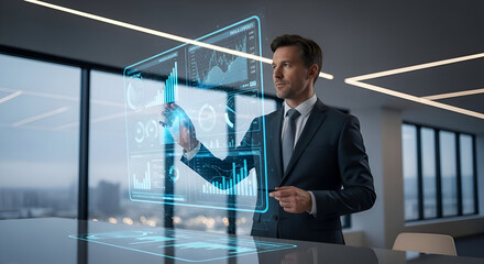 A businessman examines a holographic representation of market analysis