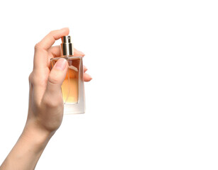 A Human Hand Gently Holds A Rectangular Glass Perfume Bottle Filled With Amber Liquid isolated on transparent background. PNG die-cut for advertising