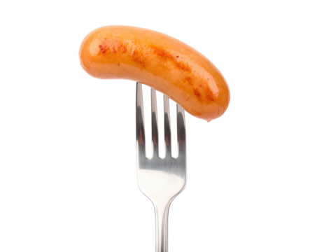One Cooked Brown Sausage Impaled On The Tines Of A Shiny Metal Fork isolated on transparent background. PNG die-cut for advertising