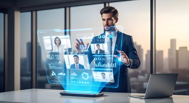 User interacts with a holographic interface for virtual meetings