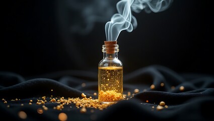 Mystical potion in a glass bottle with swirling smoke and golden particles evoking magic and mystery