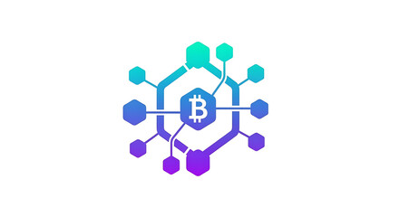 A bitcoin logo with a network of connected hexagons in shades of blue green and purple on white ai genrated