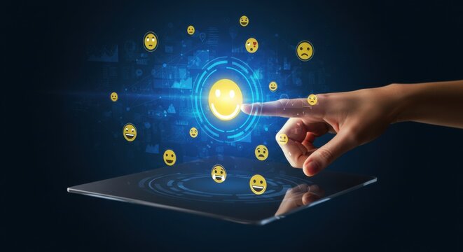 Woman's hand vibrates icon with cheerful smiley on virtual screen. Concept of positive thinking, diversity of emotions, emotional intelligence - Powered by Adobe