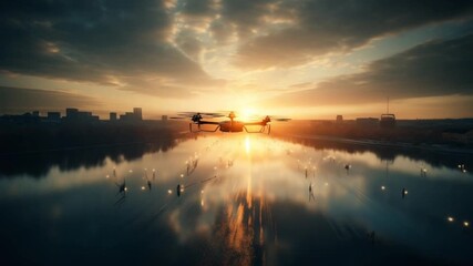 Drone flying over lake at sunrise in mountains
 - Powered by Adobe