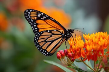 Obraz premium Monarch Butterfly Gathering Nectar from Vibrant Orange Flower Buds in a Thriving Perennial Garden
